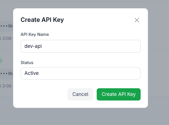 create API popup